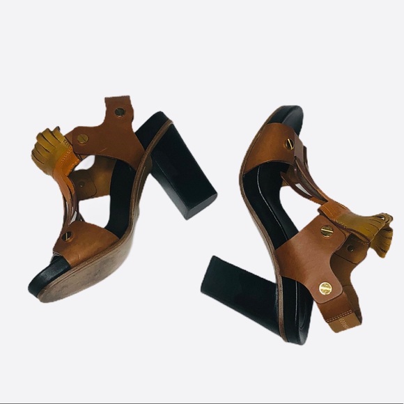 Chloe Kiltie Block Heel Sandals in brown tan orang - Picture 3 of 8